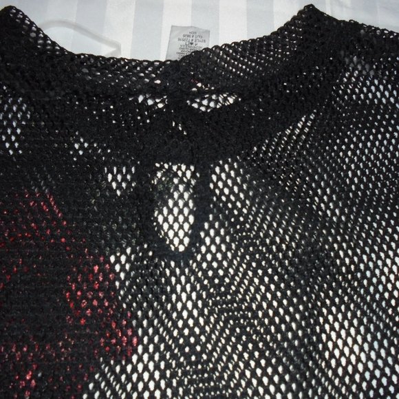 Top Cropped Black Mesh Embroidered see-through net short blouse shirt Retro - Picture 6 of 8